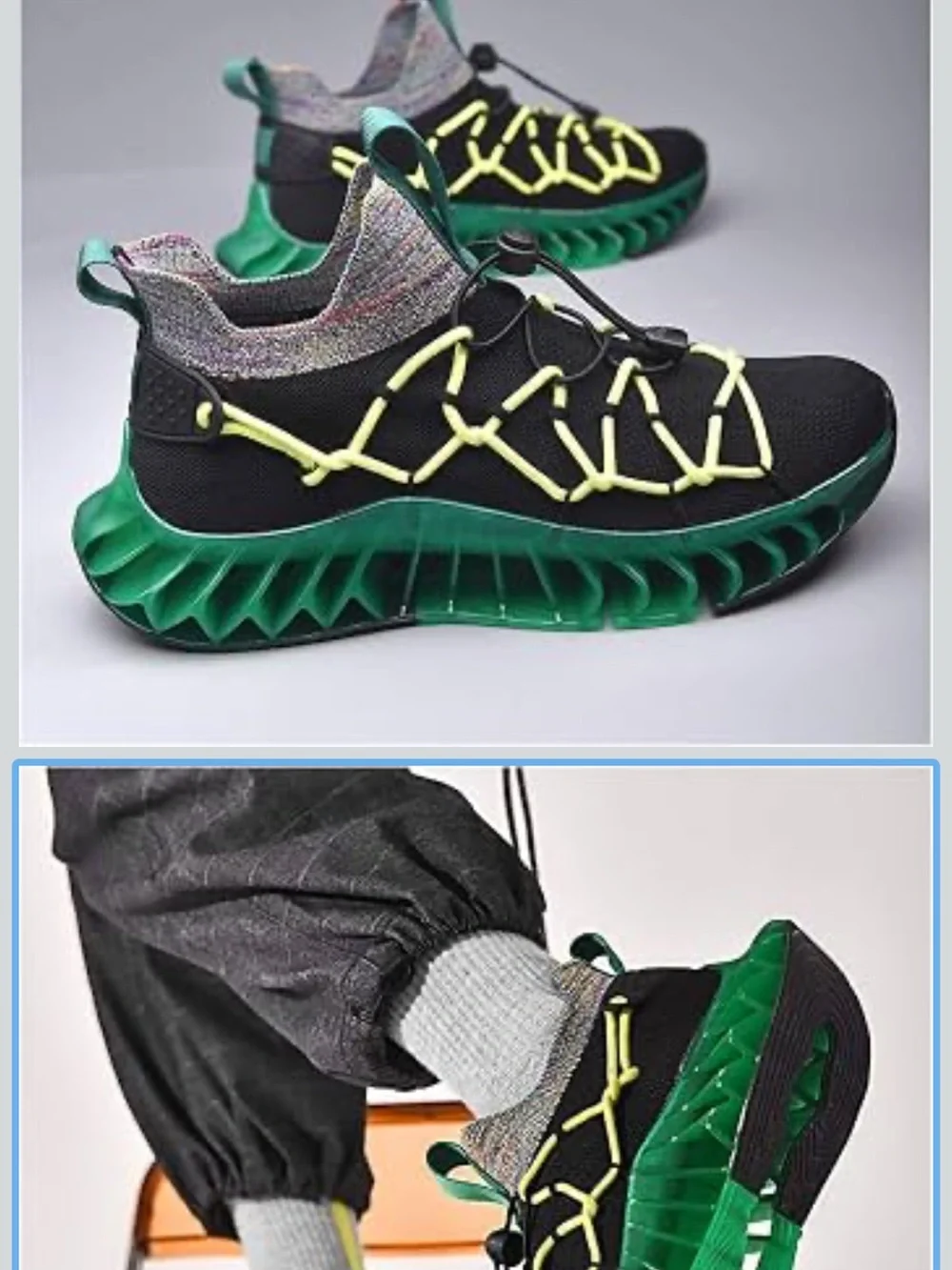 Men’s Black Sneakers with Neon Yellow Laces and Green sole